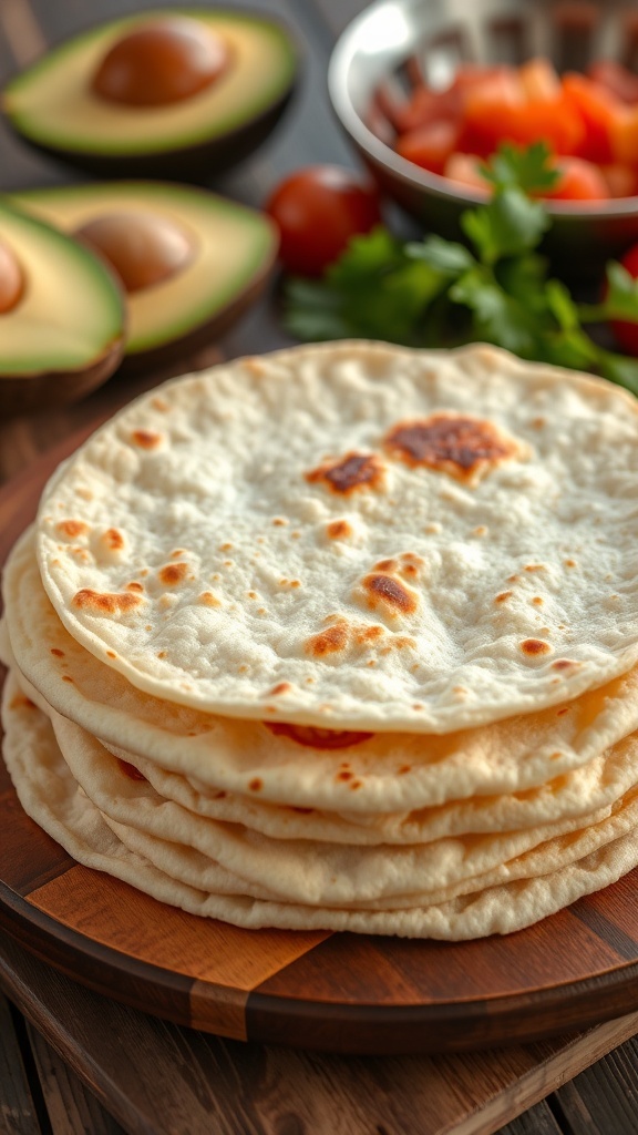 Two-Ingredient Flour Tortillas Recipe A stack of soft, golden brown flour tortillas on a wooden table with fresh ingredients.